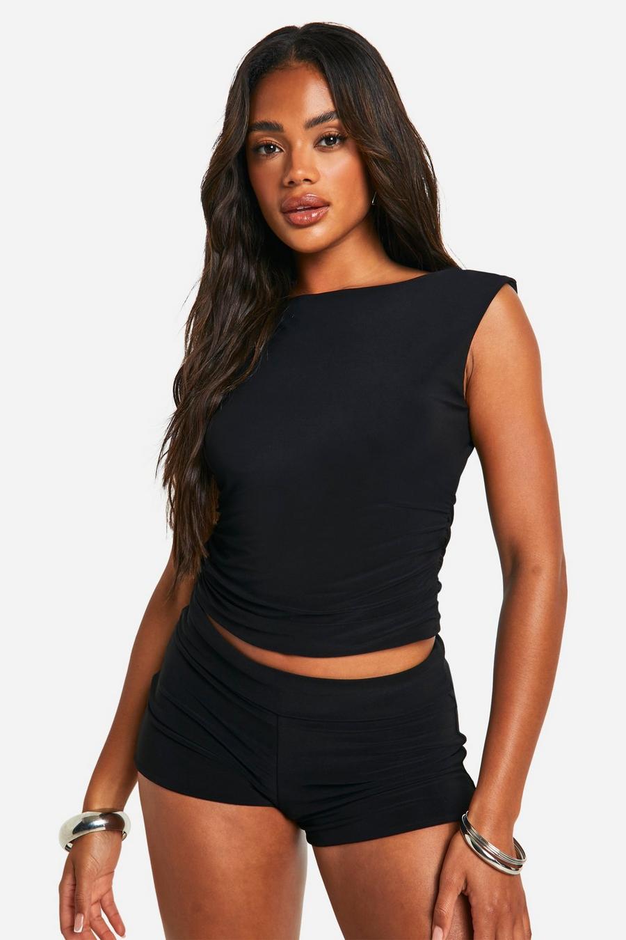 Black Double Layer Racer And Booty Short 