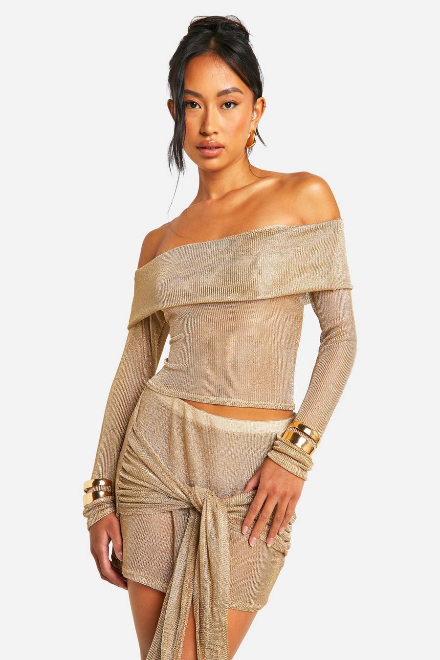 Gold Knitted Wrap Front Mini Skirt
