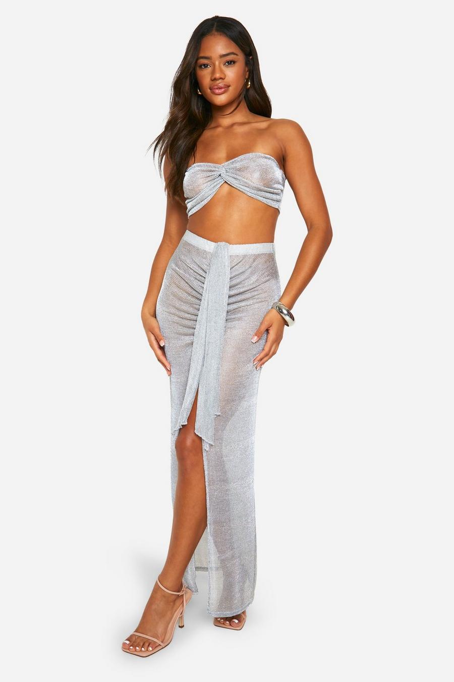 Silver Knitted Drape Front Maxi Skirt