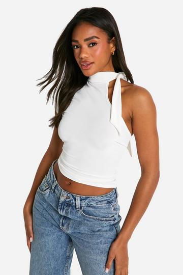 Kortärmad one shoulder-topp med knytdetalj white