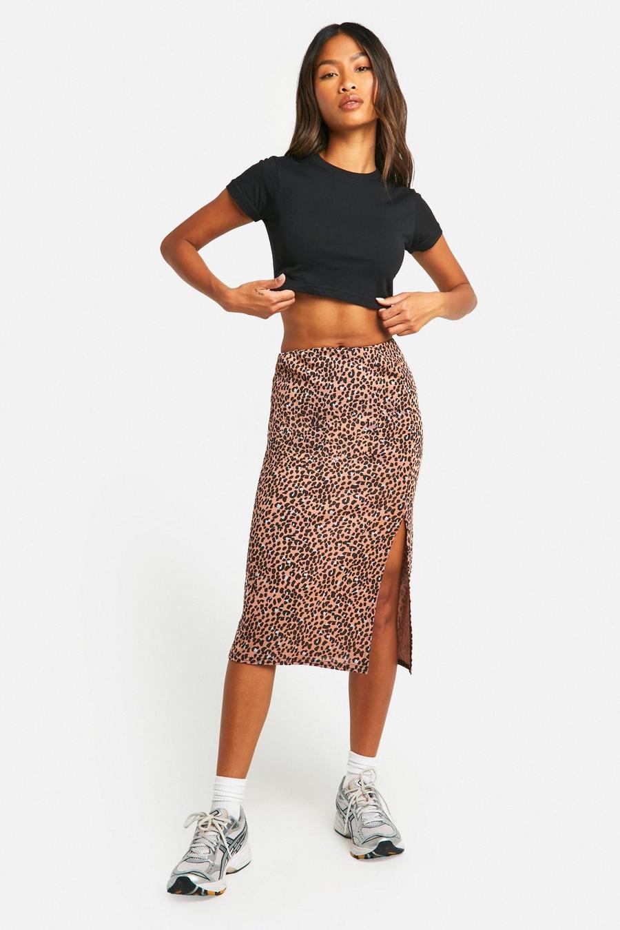 Leopard Print Rib Side Split Midi Skirt