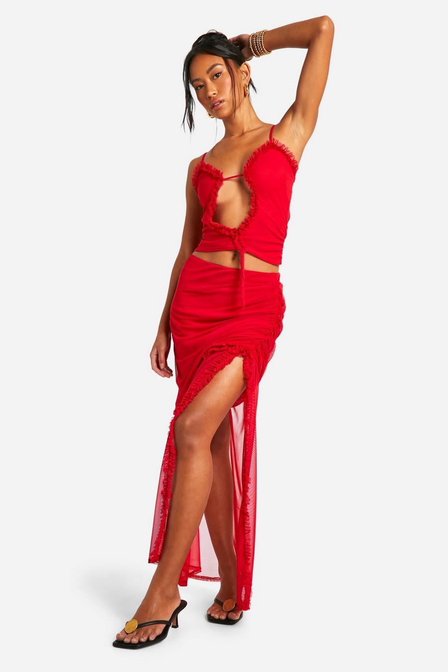 Red Ruffle Ruched Mesh Maxi Skirt