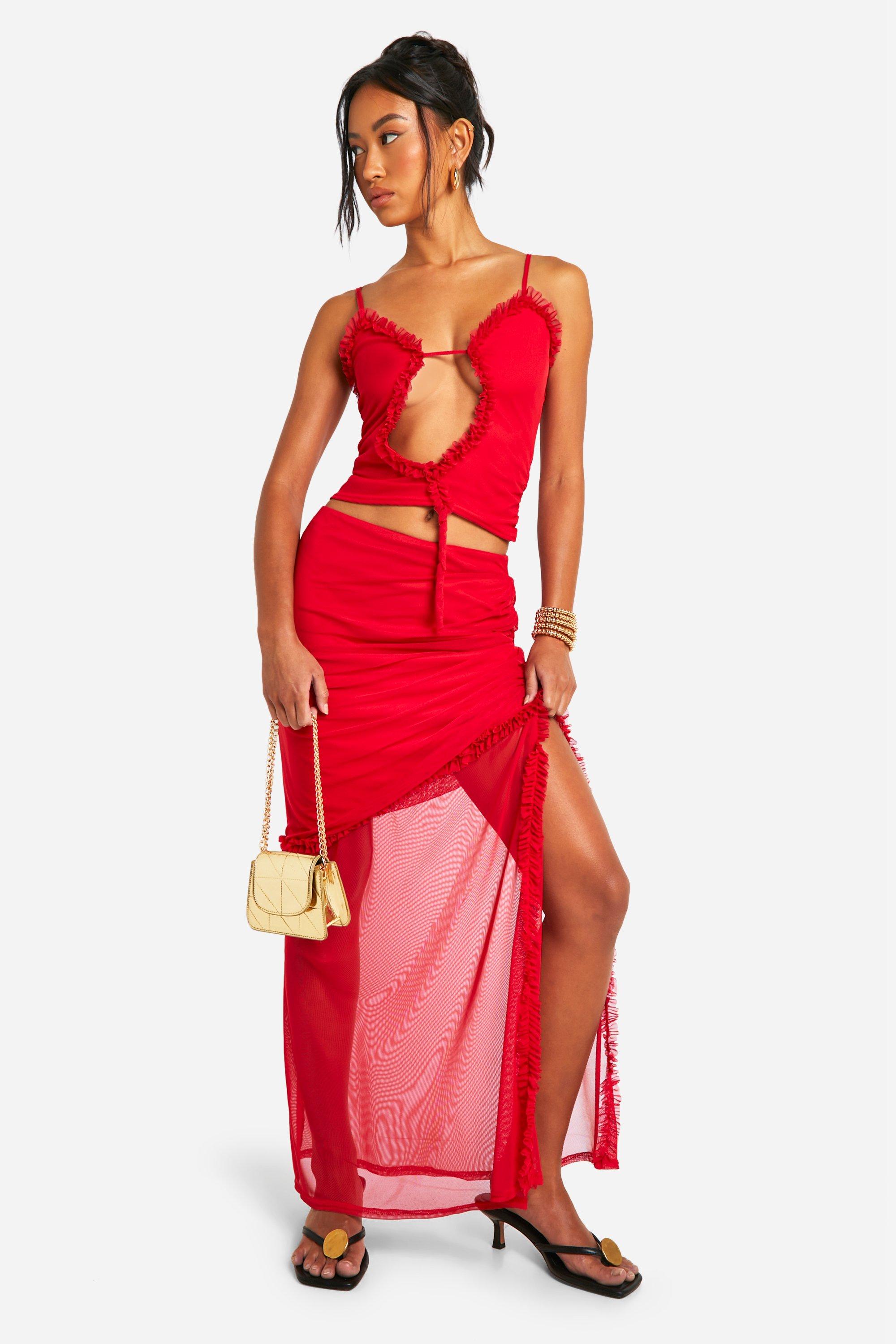 Red mesh maxi skirt top