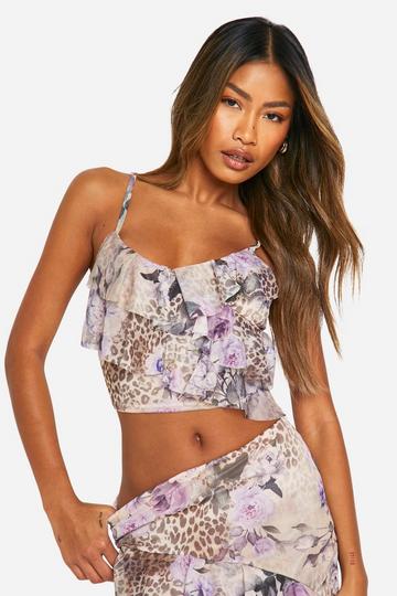 Multi Leopard Mesh Ruffle Cami Top