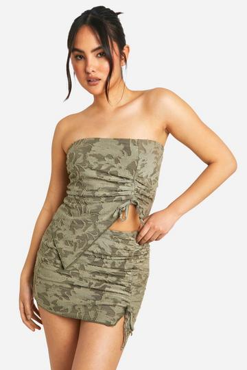 Floral Texture Ruched Bandeau Top khaki