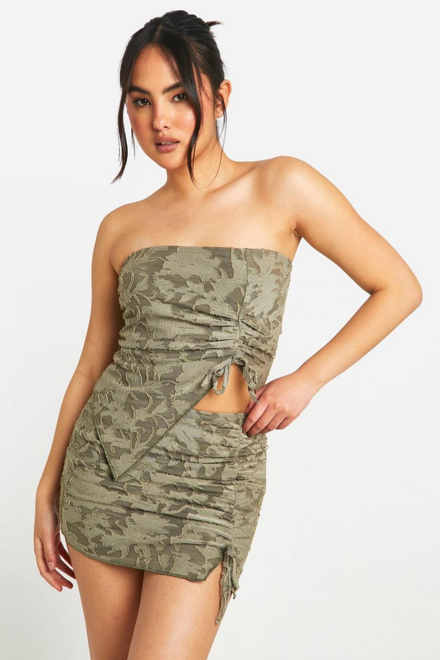Khaki Floral Texture Ruched Tube Top image number 1