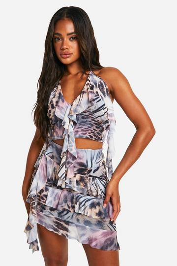 Mesh Luipaardprint Top Met Ruches En Halter Neck leopard