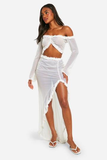 Ruffle Mesh Maxi Skirt white