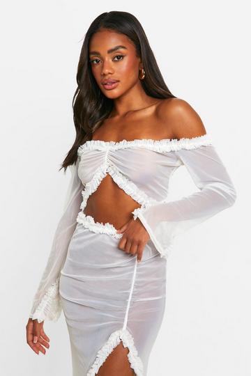 White Ruffle Mesh Bardot Long Sleeve Top