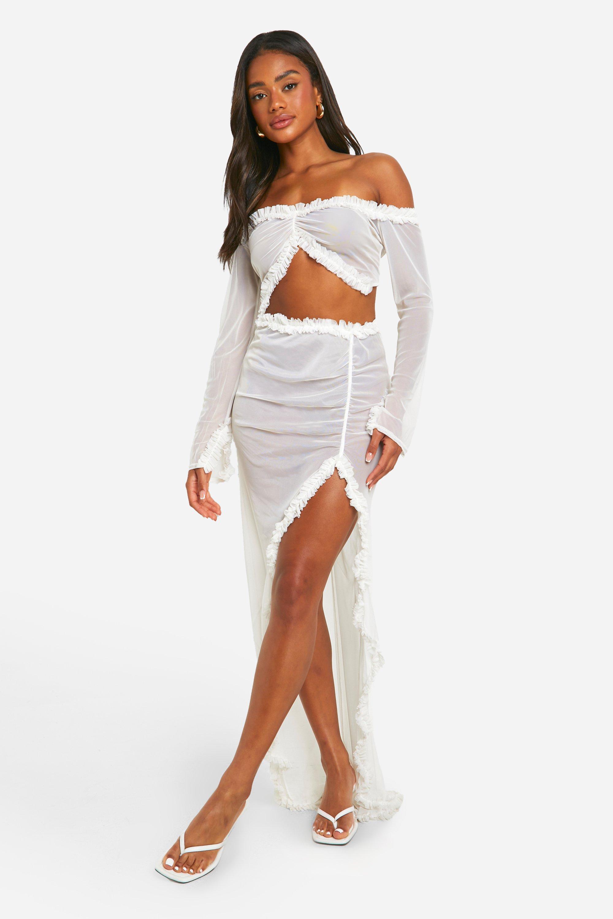 Ruffle Mesh Bardot Long Sleeve Top boohoo