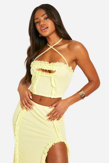 Lemon Yellow Ruffle Key Hole Cross Front Top