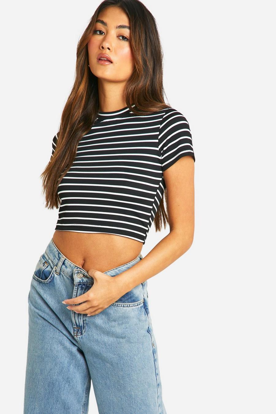Black Striped Collared Open Back Short Sleeve Crop Top 