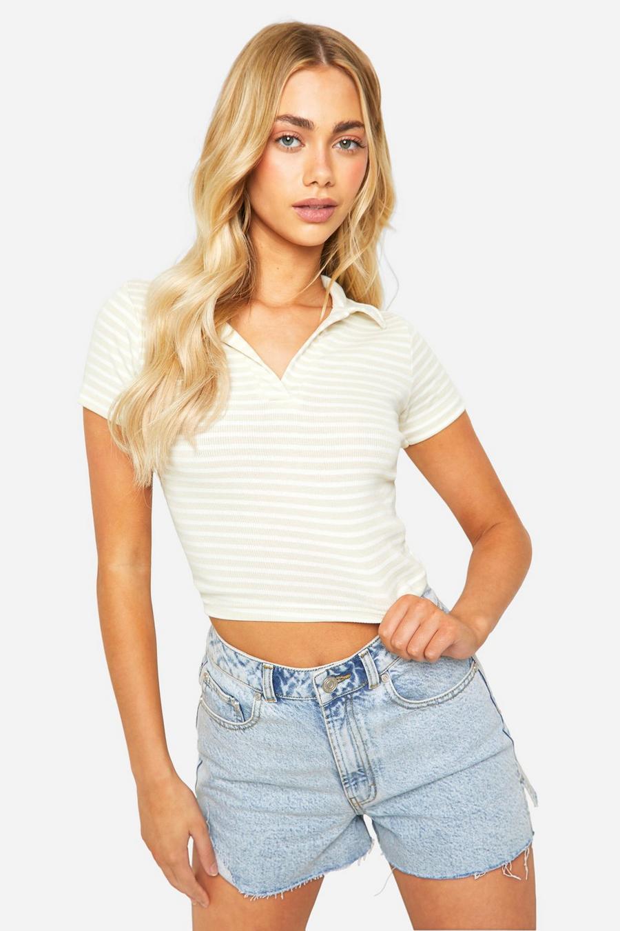 Stone Striped Collared Short Sleeve Top 
