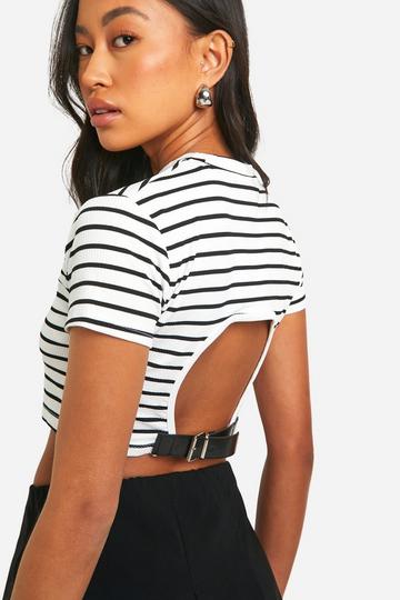 Striped Collared Open Back Short Sleeve Crop Top white