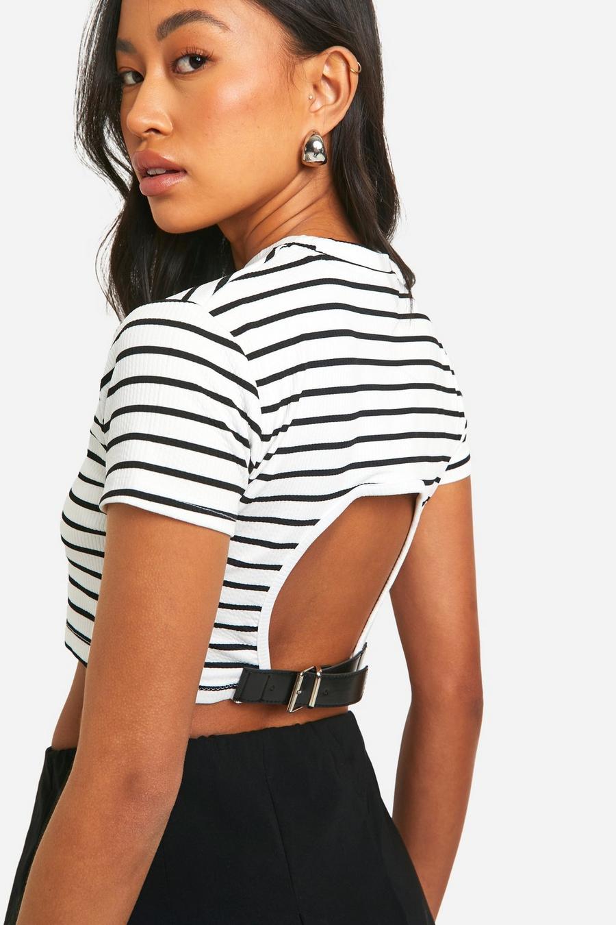 White Striped Collared Open Back Short Sleeve Crop Top  image number 1