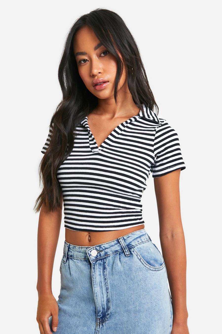 Black Striped Collared Short Sleeve Top