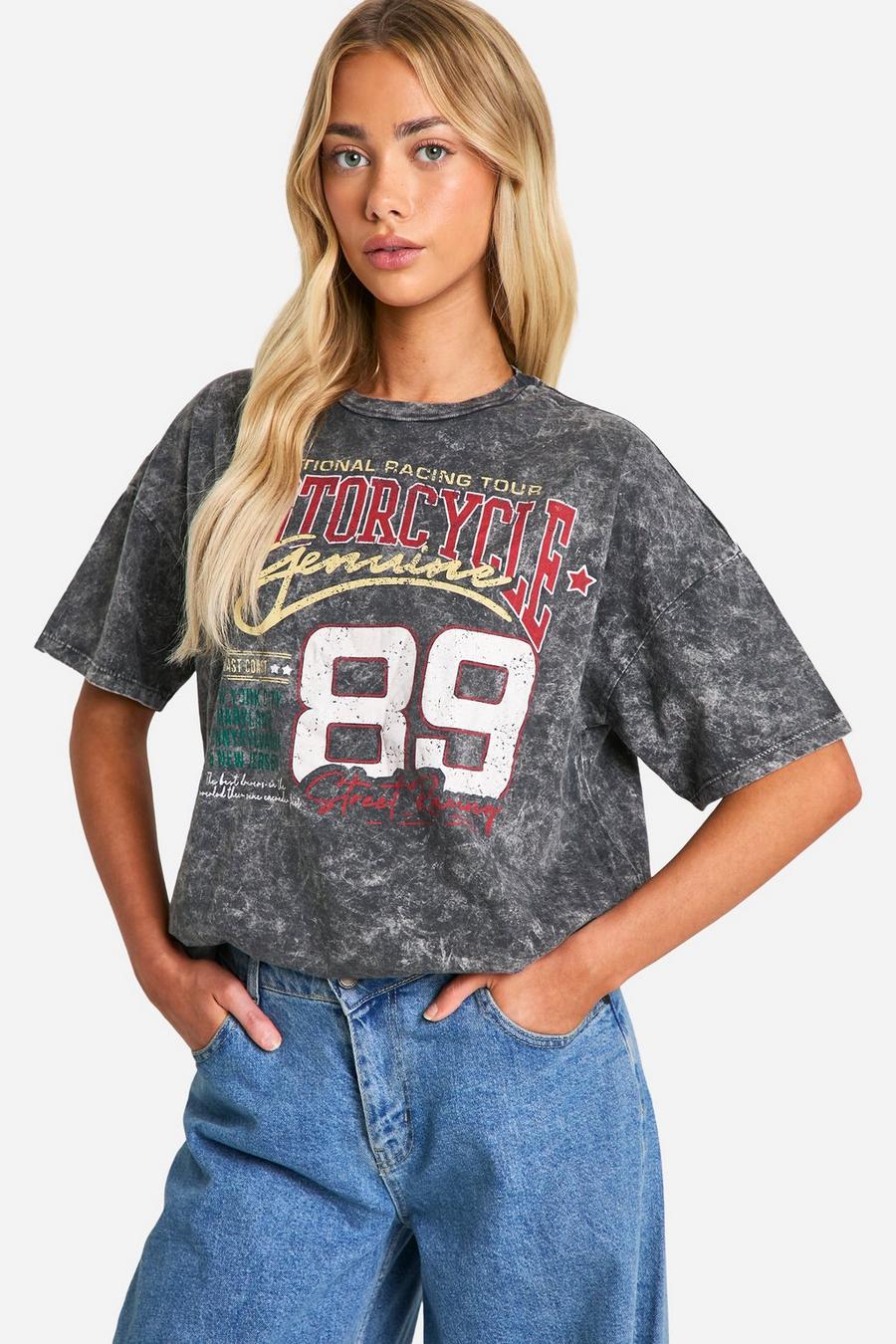 Charcoal Motorcycle Graphic Oversized T-shirt  image number 1