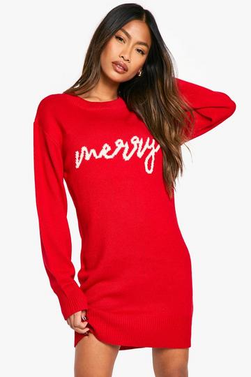 Merry Slogan Christmas Jumper Dress red