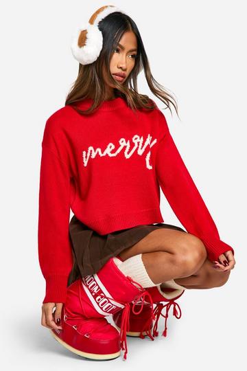 Red Merry Slogan Christmas Oversized Jumper