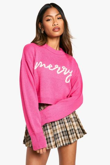 Merry Slogan Cropped Christmas Jumper pink