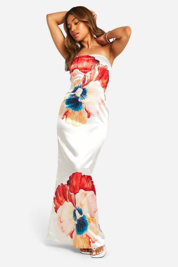 Petite Satin Large Floral Maxi Dress white