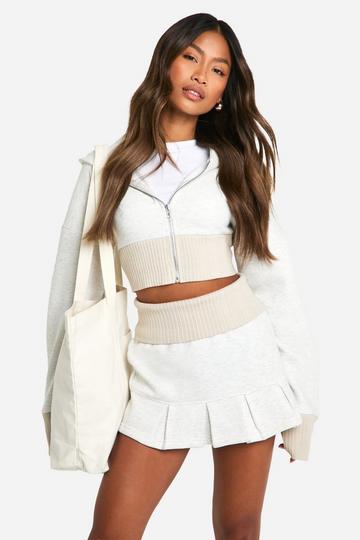 Contrast Ribbed Super Crop Hoodie And Mini Tennis Skirt Set ash grey