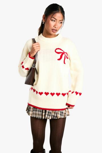 Oversized Heart & Bow Christmas Jumper cream