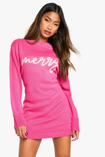 Merry Slogan Christmas Jumper Dress pink