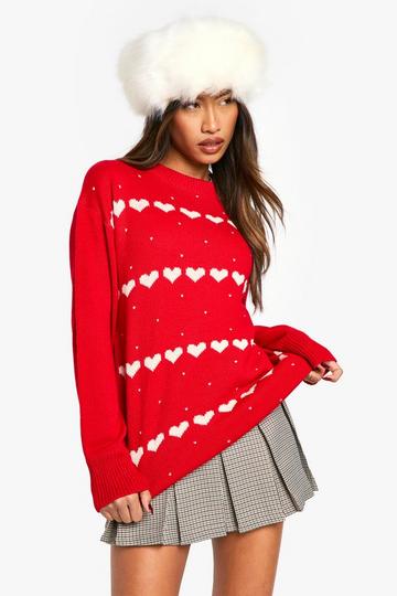 Oversized Christmas Hearts Jumper red