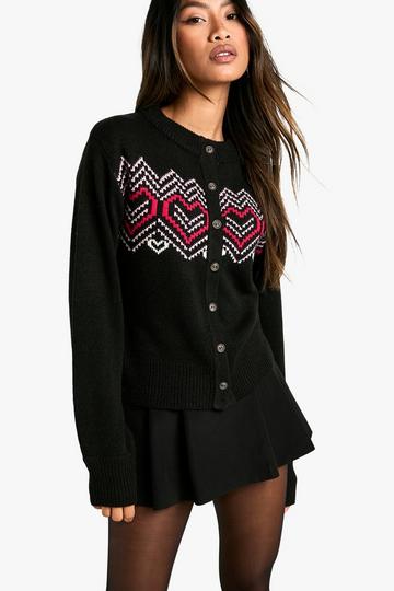 Heart Fairisle Christmas Button Cardigan black