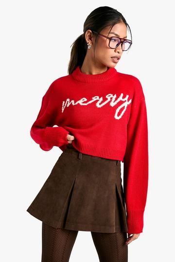 Red Merry Slogan Cropped Christmas Jumper