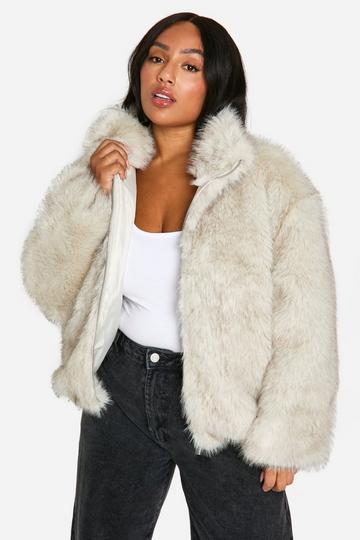 White Plus Vintage Look Faux Fur Funnel Neck Jacket