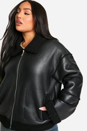 Plus Teddy Trim Faux Leather Jacket black