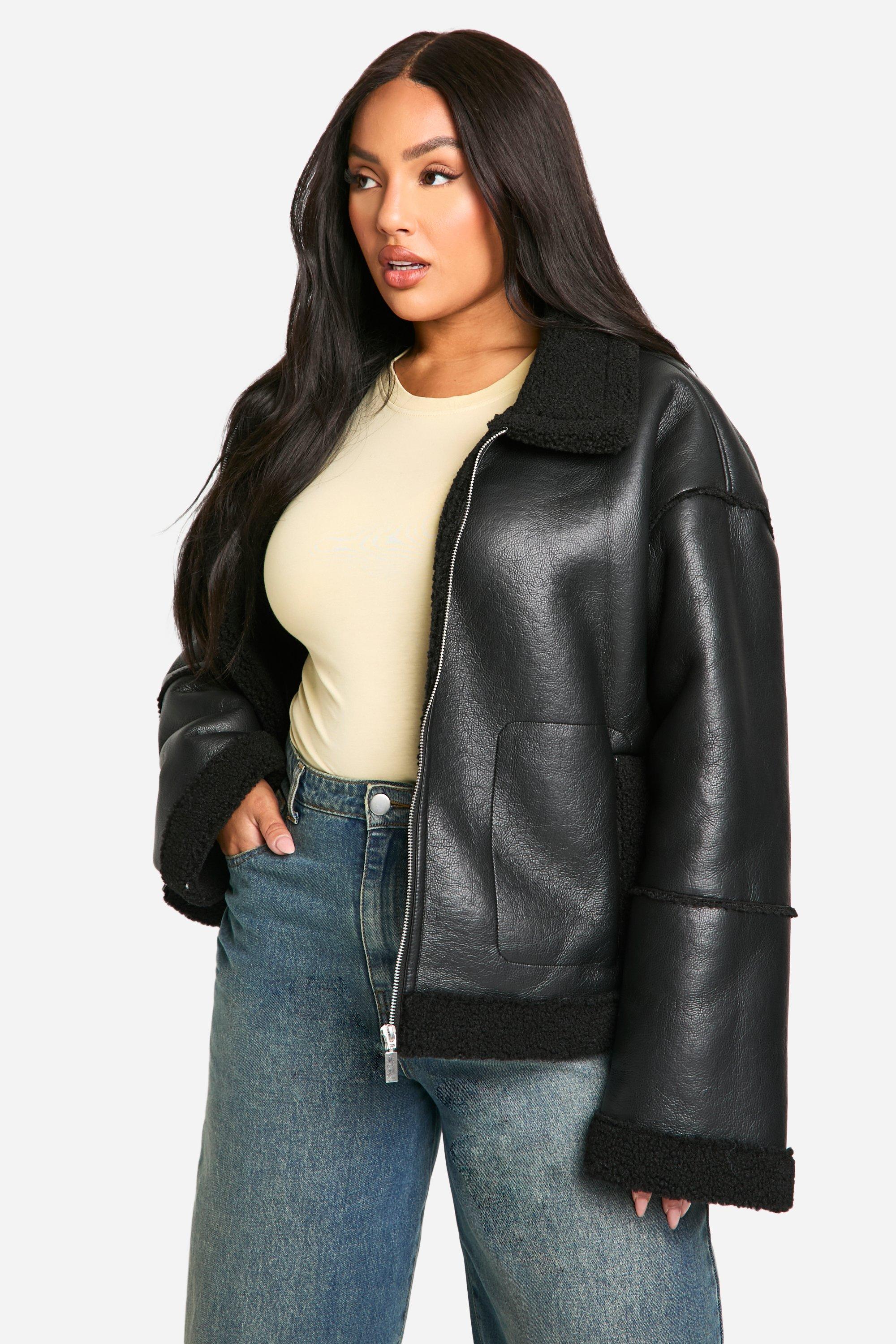 Plus Teddy Trim Faux Leather Jacket boohoo NO