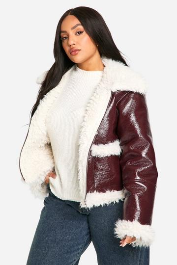 Plus Vinyl Faux Fur Trim Jacket burgundy