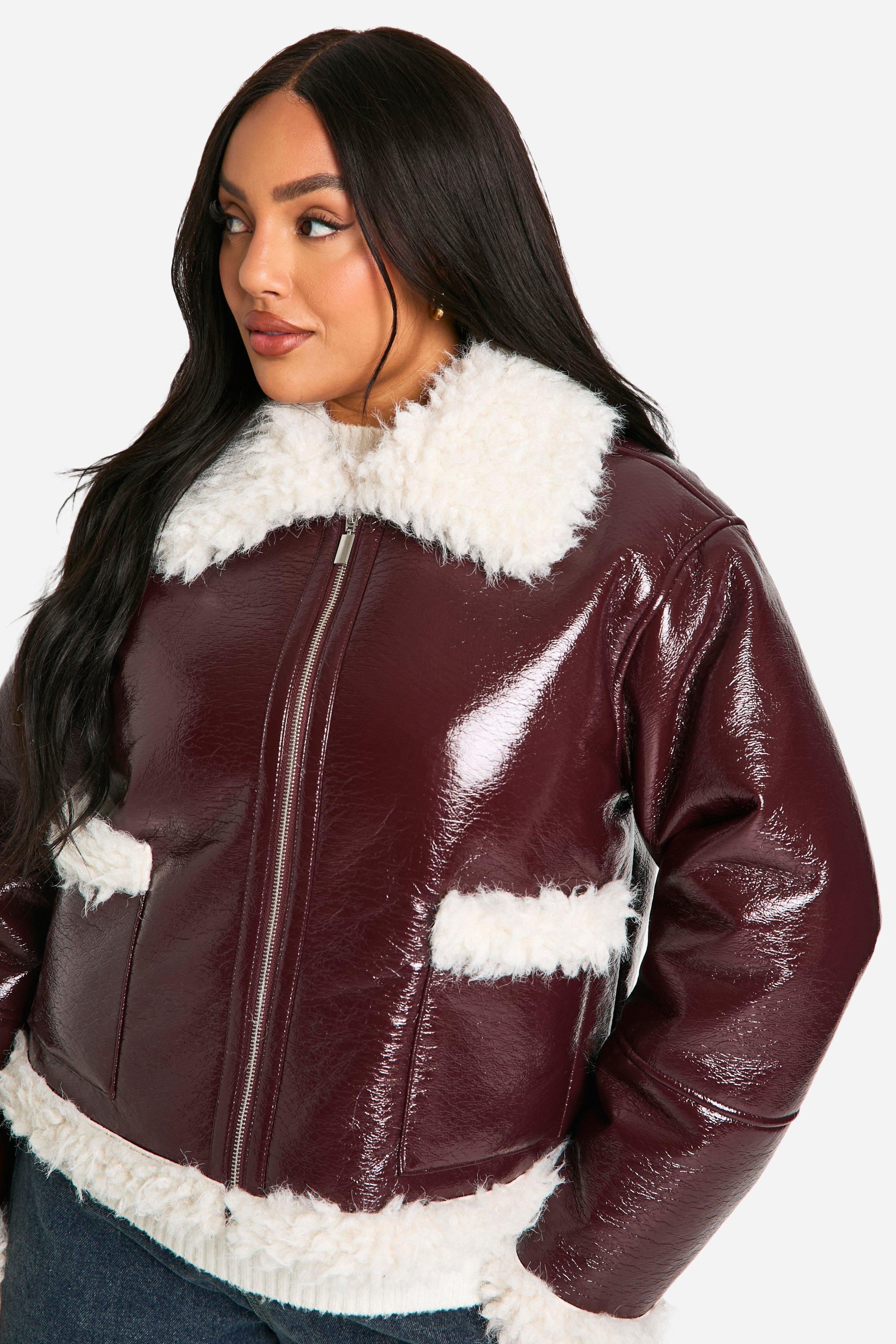 Plus Vinyl Faux Fur Trim Jacket