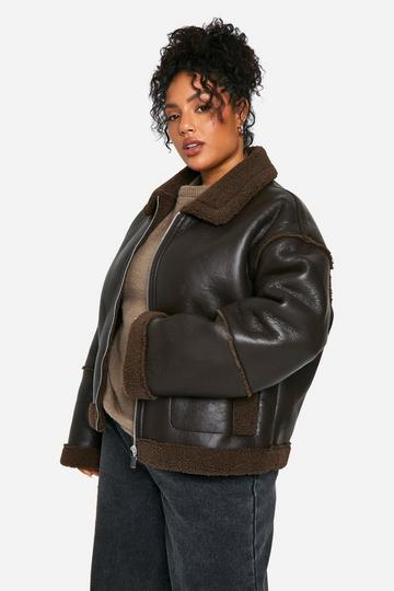 Plus Teddy Trim Faux Leather Jacket chocolate