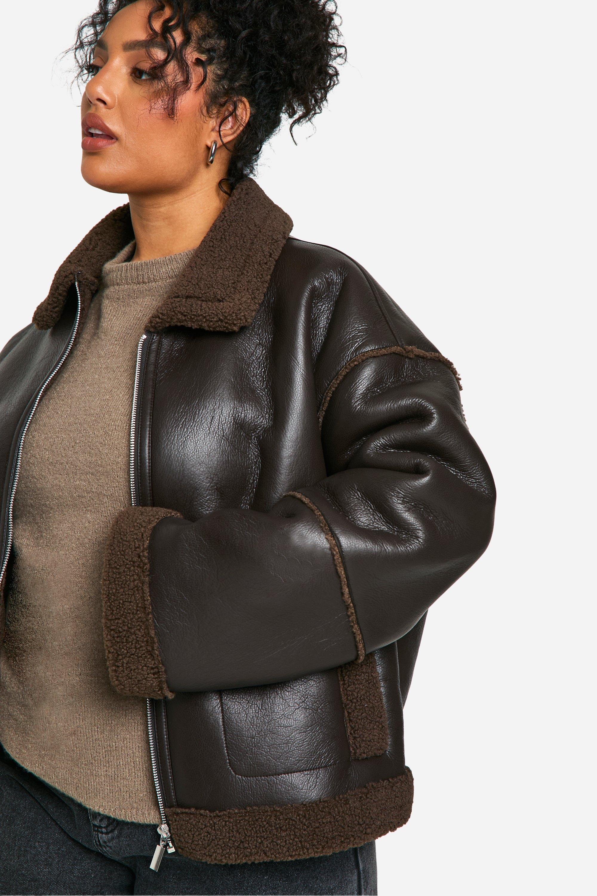 Boohoo Women s Plus Teddy Trim Faux Leather Jacket Brown