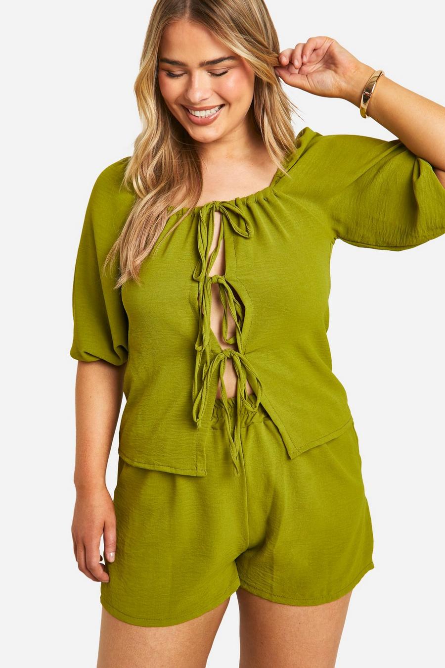 Olive Plus Tie Front Top And Short  