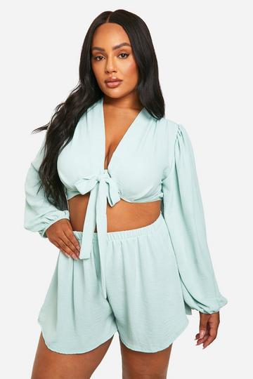 Plus Wrap Twist Balloon Sleeve Twist Front Co-ord sage