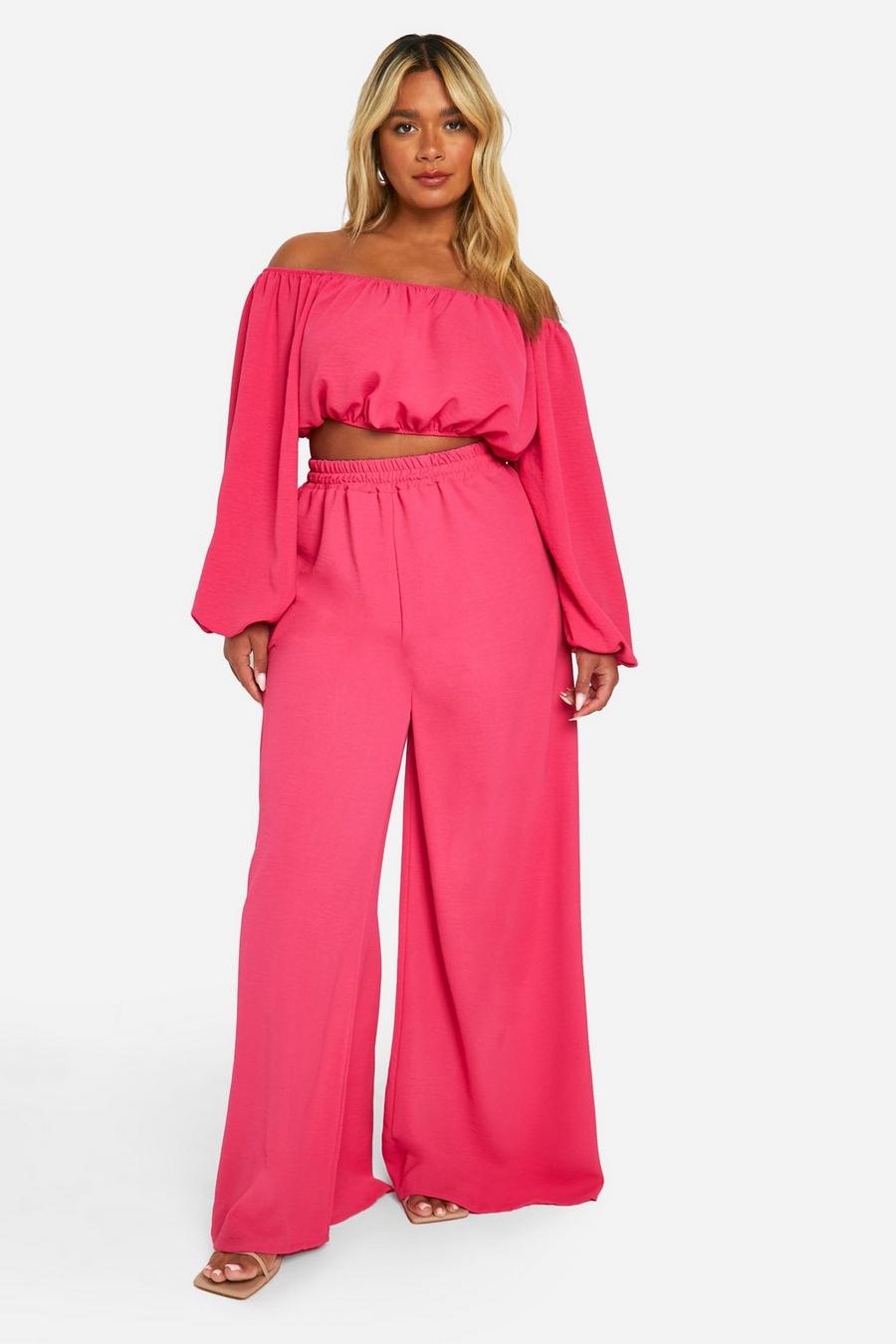 Hot pink Plus Textured Bardot Top And Relaxed Fit Trouser 