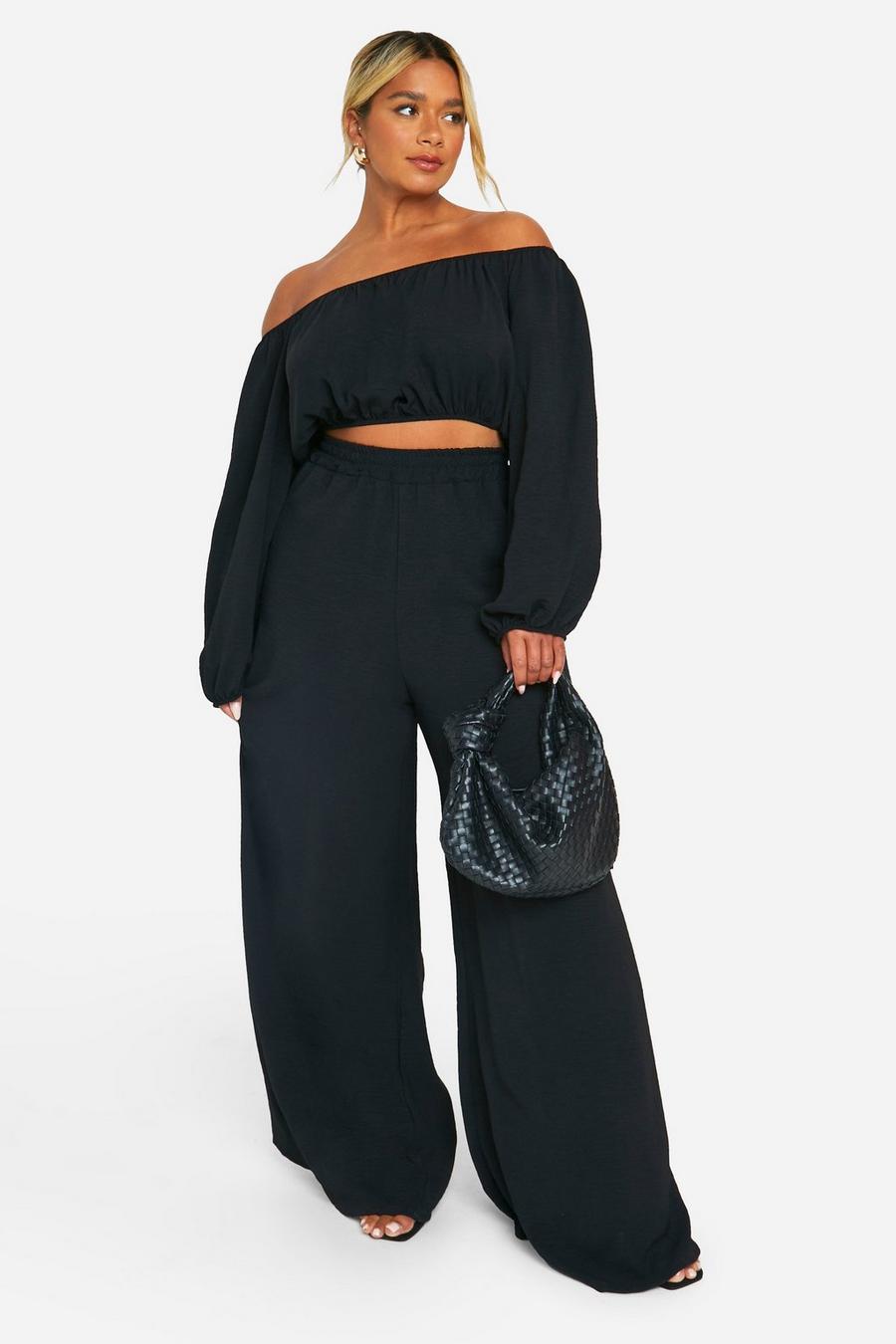 Black Plus Textured Bardot Top And Relaxed Fit Pants image number 1