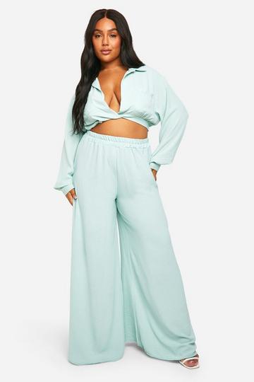 Plus Hammered Twist Front Shirt And Pants Set sage