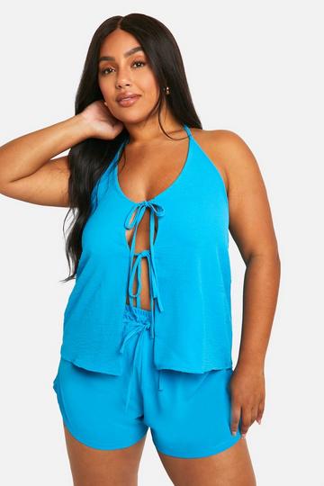 Plus Hammered Tie Front Cami And Short Set aqua