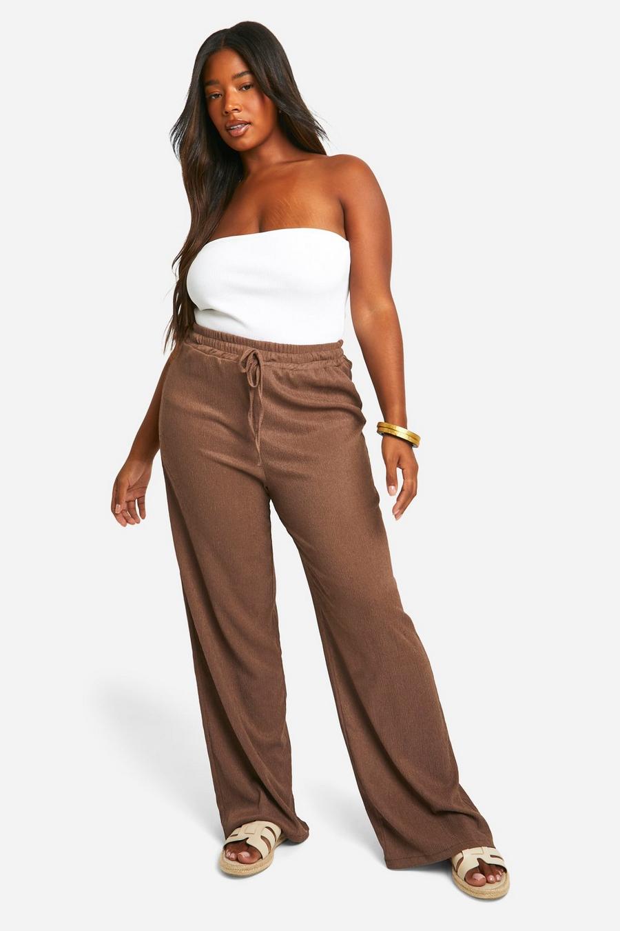 Taupe Plus Textured Relaxed Wide Leg Pants image number 1