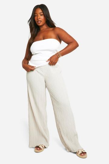 Stone Beige Plus Crinkle Relaxed Wide Leg Pants