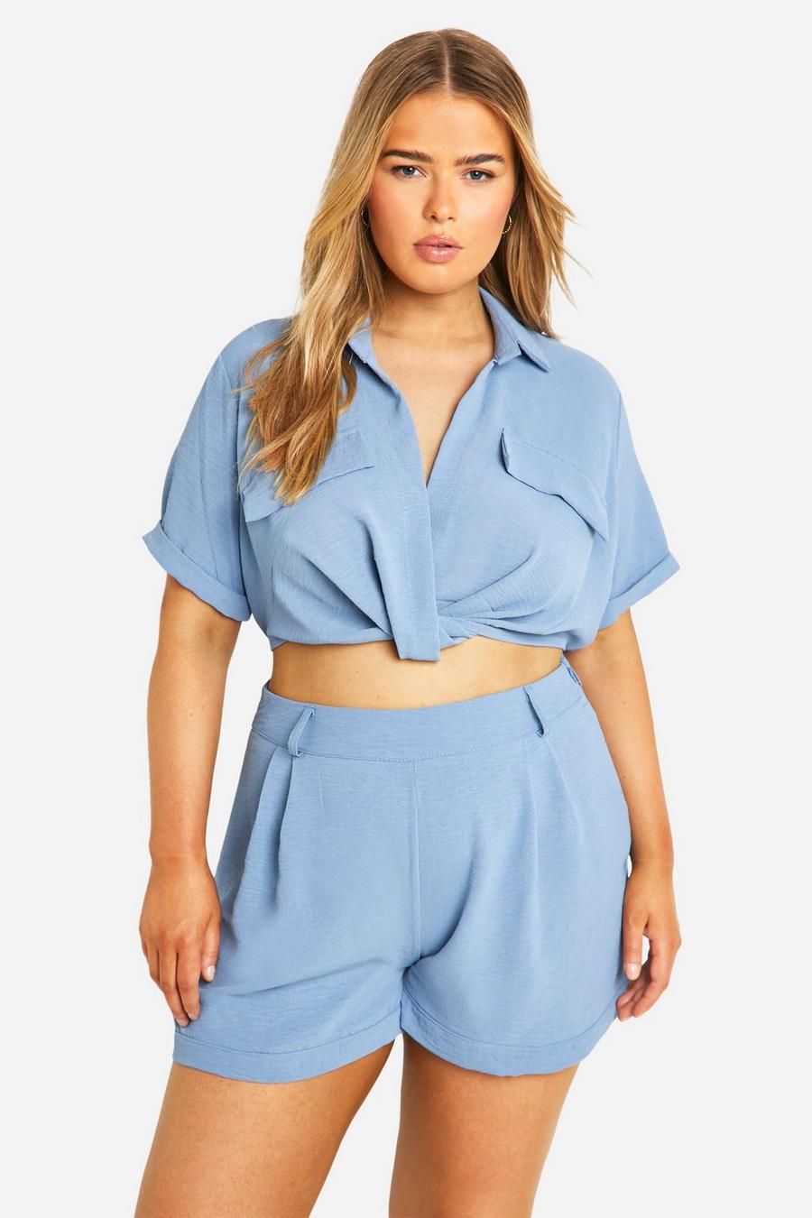 Washed blue Plus Twist Front Short Sleeve Shirt Co-ord 