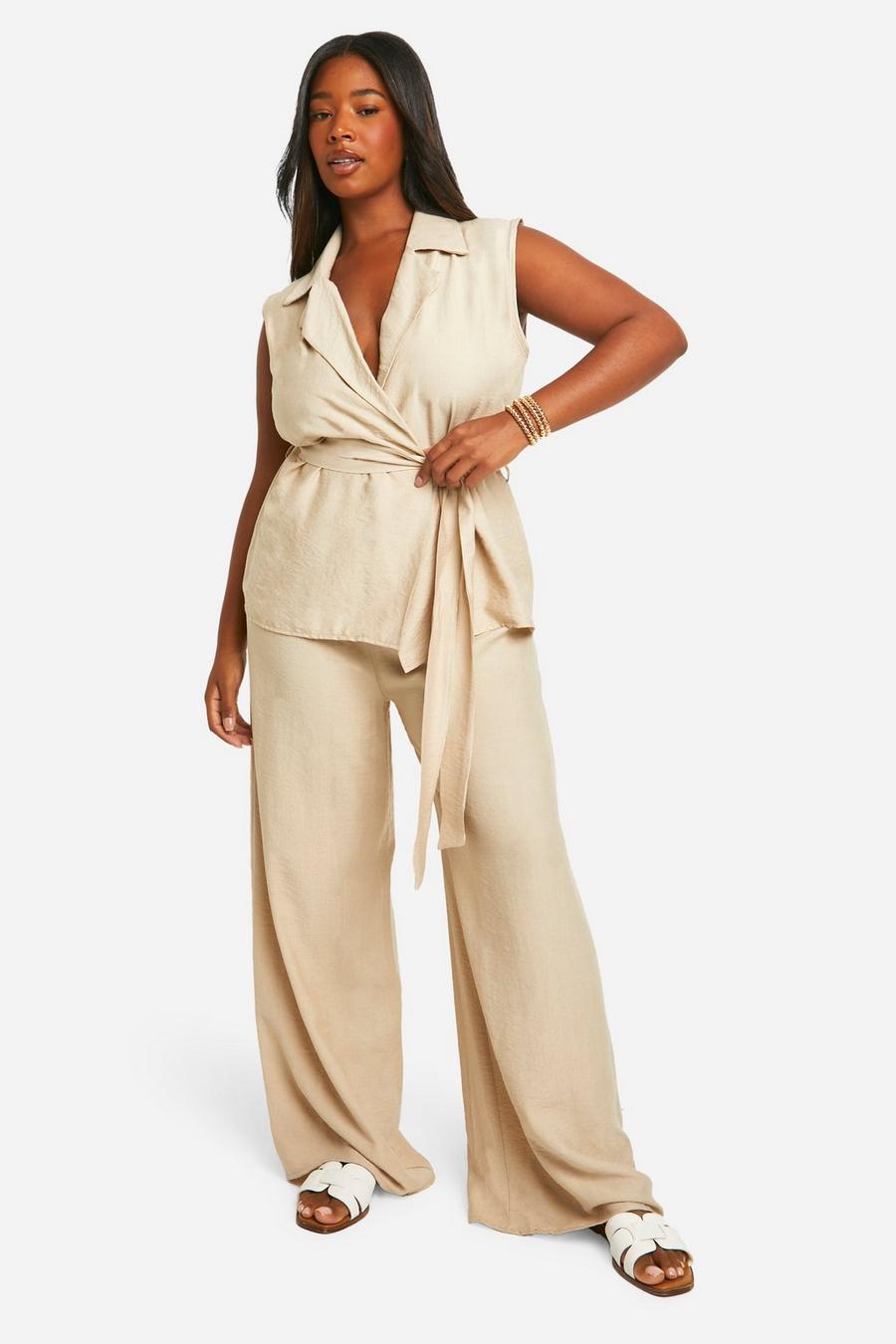 Taupe Plus Linen Look Sleeveless Blazer And Pants Co-Ord image number 1
