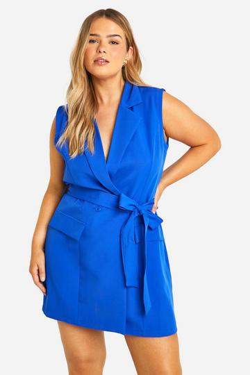 Plus Sleeveless Pocket Detail Blazer Dress cobalt