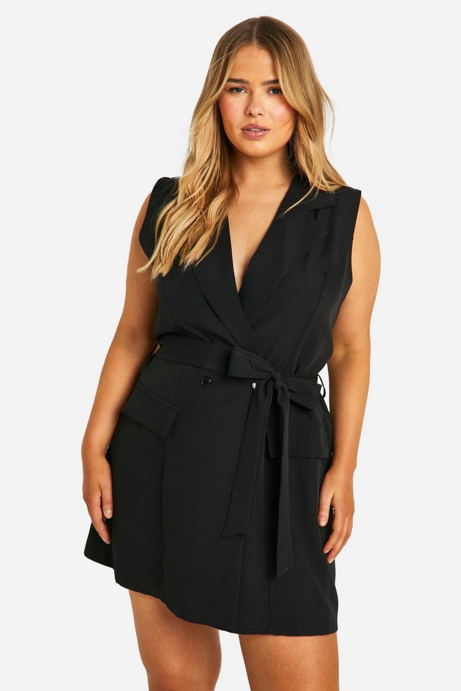 Black Plus Sleeveless Pocket Detail Blazer Dress